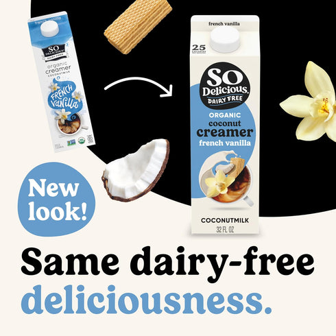 SO DELICIOUS 32 OZ Dairy Free Coconut Milk Creamer, French Vanilla, Vegan, Organic, Non-GMO, Creamy Plant Based Coffee