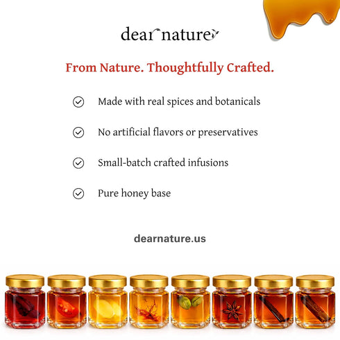 Dear Nature Set 8 Pack (1.5 oz Pack 8) Infused Honey Gift Flavor Infused Honey Variety Saffron, Cardamom, Cinnamon