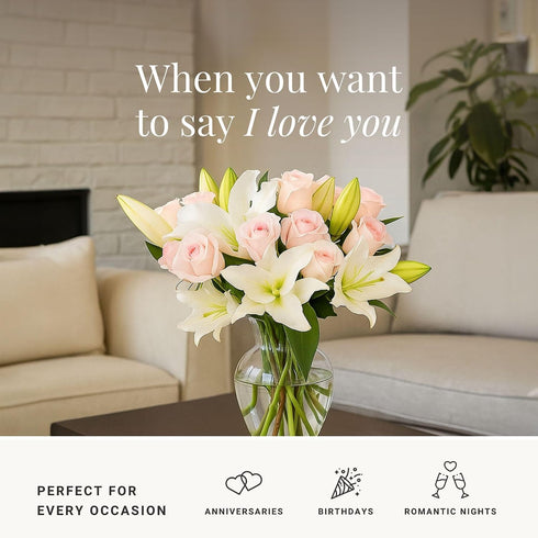 BloomsyBox Lily Love-Elegant White Lilies & Light Pink Roses (Glass Vase Included) Fresh Flowers for Delivery Special