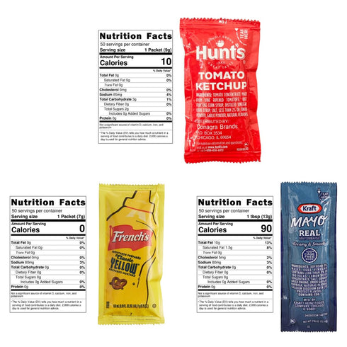 150 pack 50 150 Pack, Chronos Condiment assortment gift - Single Serve Pouches of Each: Ketchup, Mustard, and Mayo