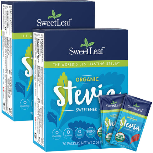 SweetLeaf Organic Stevia Packets, 70 Count (Pack of 2) - Zero Calorie Sugar Substitute for Keto Coffee, Non-GMO