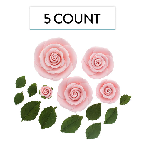 5 Count Global Sugar Art Edible Exquisite Rose & Leaf Tray Sugar Cake Flowers, Pink Unwired, by Chef Alan Tetreault