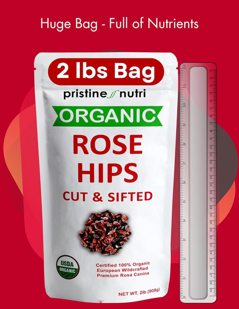 2 lb (32 oz) 100% 95% 140 (Packaging USDA Organic Rose Hips Dried Bulk, Rosehips Cut & Sifted Shells, Seedless