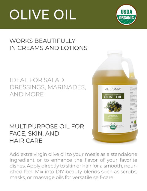 64 Oz 100% velona USDA Certified Organic Olive Oil - Fl | Pure and Natural Carrier Oil | Extra Virgin, Unrefined, Cold