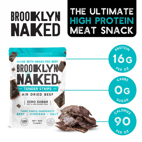 (8 oz, Pack 1) 30 Brooklyn Naked Tender Strips - of Chewy Air Dried Grass Fed Protein Snacks Sugar Free Beef Jerky