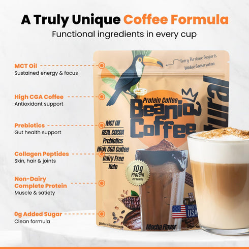 Beanio 100% 10G 100mg 15 Protein Coffee Mocha with Collagen: Zero Added Sugar, Natural Dairy-Free Protein Instant Blend