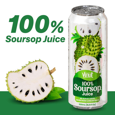 100% 16.9 oz (500 mL) Pack 24 VINUT Soursop Juice, No Added Sugar, Not From Concentrate, fl Can