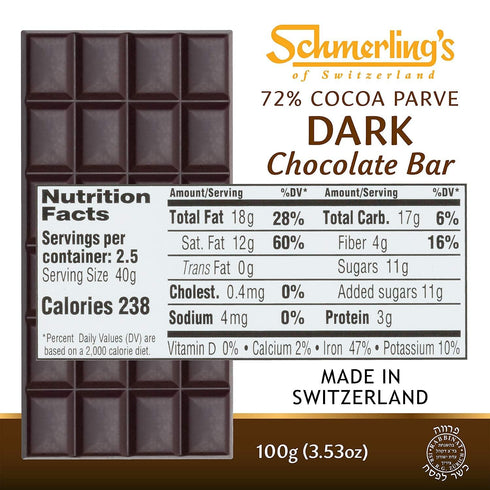 72% 3.5oz (Pack 5) Schmerling's Dark Swiss Chocolate - Cocoa - All Natural Chocolate - Vegan - Gluten Free - Paleo