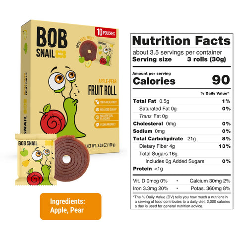 50 500g Bob Snail Apple-Pear Fruit Roll Ups Healthy Sweets Snacks, Real Dried Fruits, No Added Sugar, Vegan, Nut Free