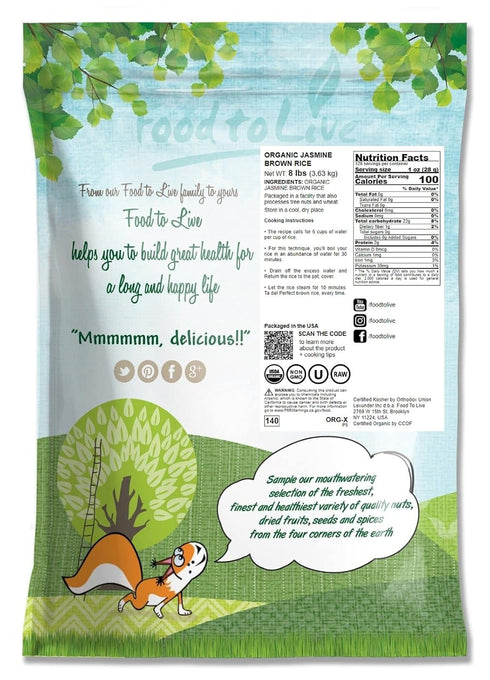 8 Food to Live Organic Brown Jasmine Rice, Pounds Non-GMO, Whole-Grain Rice, Long-Grain Variety, Non-Irradiated
