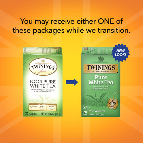 20 Count (Pack 2) Twinings Pure White Tea Bags - Delicate Caffeinated Tea Made from Fresh White Tea Leaves, Perfect