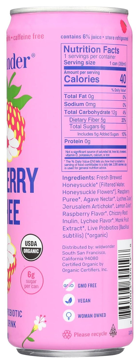 12 Wild Wonder Organic Raspberry Lychee Sparkling Probiotic Drink, FZ