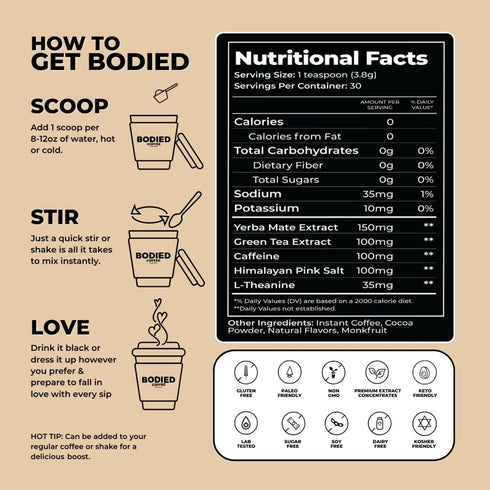 30 BODIED Coffee Alternative Instant Coffee Substitute with Yerba Mate, Green Tea & L-Theanine Keto, Fasting, Paleo