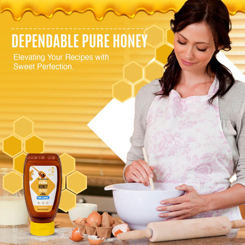 16 oz. 100% Dependable Food Raw Honey - Squeeze Bottle - Pure, Raw, All Natural, Wildflower Honey - Hive to Bottle