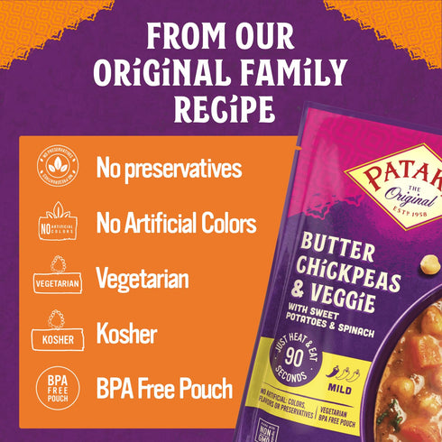 10.5oz (Pack 6) Pataks Butter Chickpeas & Veggies - Vegetarian Ready to Eat Meal - Mild Indian Curry w/Chickpeas