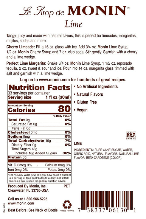 Monin 1 (01-0104) Lime Drink Syrup, Liter Category: Drink Syrups