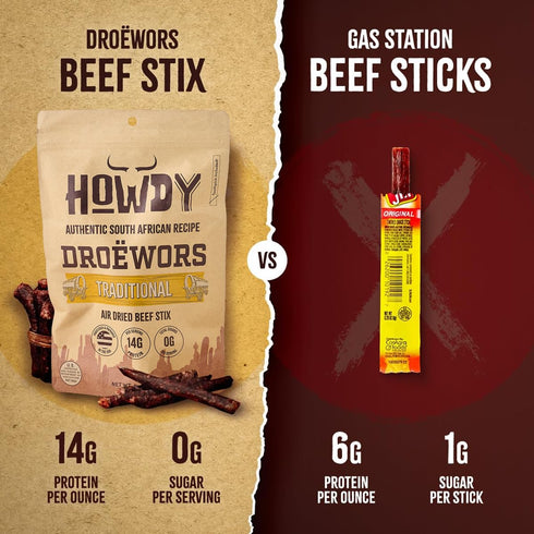 8oz Packs) Howdysnax Handcraft Authentic Small Batch Drowors Beef Sticks Sugar Free, Soy Free, Paleo & Keto Friendly