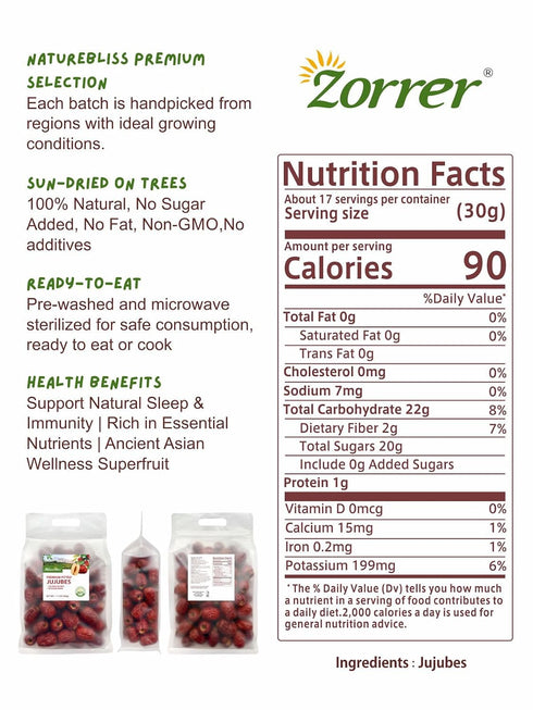 1.1LB Zorrer Jujube Pitted Dates, Premium Jujube Pitted Dates, Sun Dried Dates Fruit Snacks, Red Dates (), No Added