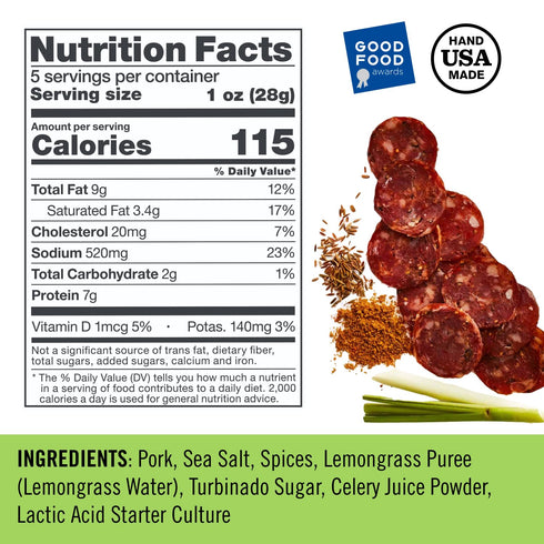 5oz Coro Uncured Lemongrass Artisan Salami Stick | Lemongrass & Warm Cumin | Perfect for Charcuterie Boards, Snacking