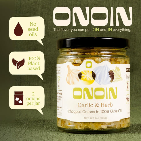 100% 9 oz (Pack 2) ONOIN Chopped Onions in Olive Oil - Seed Oil Free & Ready-to-Use Flavor Base & Topping | Garlic