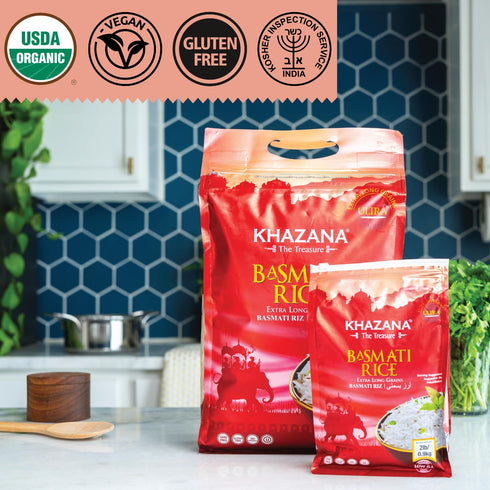 10 lb Authentic Extra Long Basmati Rice by Khazana in Bag - Aromatic and Flavorful Indian Grain - Non-GMO, Gluten Free