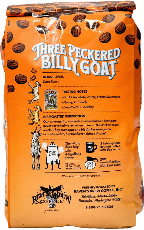2lb Raven's Brew Coffee High Caffeine Coffee Dark Roast Whole Bean Three Peckered Billy Goat
