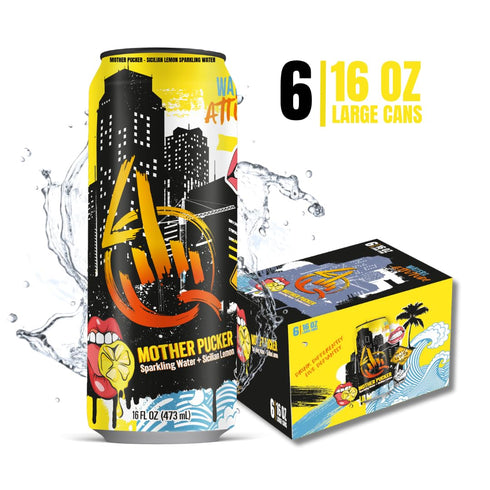 4Q 6 Pack 16 oz Sparkling Sicilian Lemon Water Mother Pucker | Sparkling Lemon Essence Electrolyte Infused Purified