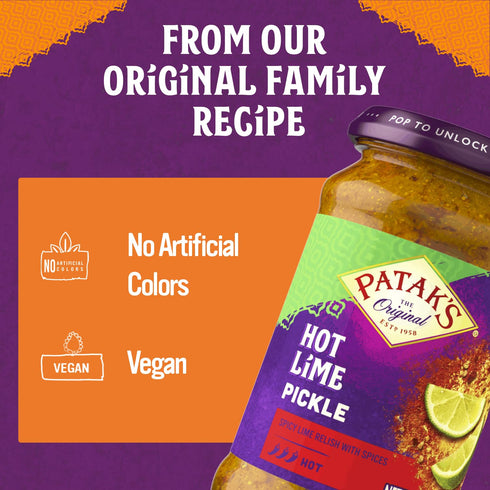 10oz (Pack 1) Pataks Hot Lime Pickle - Authentic Indian Relish w/Lime Dices, Mustard Seeds & Aromatic Spices - Perfect