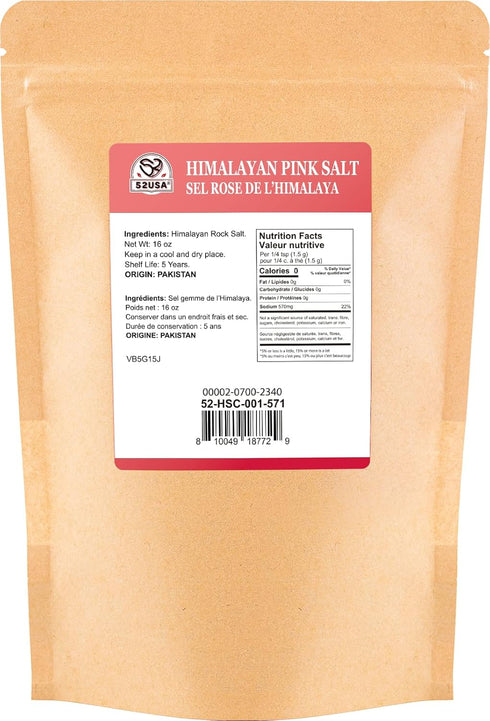 52USA 1 lb, Himalayan Pink Salt Coarse, Coarse Grain Pink Himalayans Sea Salt, Sea Salts for Grinder Refill, Himalayan