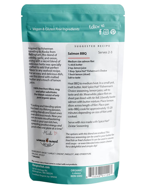 Spice Hut - Organic Fisherman's Choice Herb Seasoning, Salt-Free, Savory Spices for White Fish, Cod, Salmon, Seafood Pasta / All-Natural, Kosher, Gluten Free, Vegan, Keto -No MSG- 1.4oz Pack