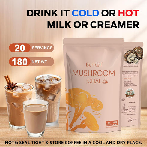 6 Immune 20 1 Pack Bunkell Mushroom Chai, Adaptogenic Mushrooms with Lion's Mane, Reishi, Cordyceps, Shiitake, King