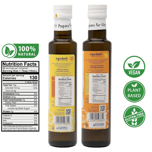 Pack 2 1 1 2X250ml of Extra Virgin Flavored Olive Oil, Bottle Lemon Infused, Bottle Orange Infused EVOO, Cold Pressed