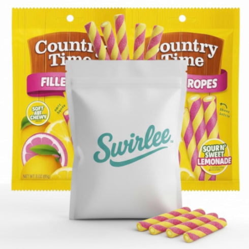 Swirlee Pop Country Gummy 3 oz, 2 Pack Time Sour N' Sweet Lemonade Candy Filled Ropes, Soft & Chewy