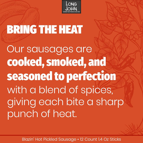 12 Pack Long John Snacks Blazin' Hot Pickled Sausage - Smoked Gourmet Meat Stick - Hot Pickled Sausages High Protein