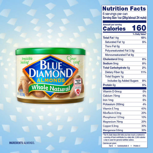 Blue Diamond Almonds, Raw Whole Natural, 6 Ounce (Pack of 1)