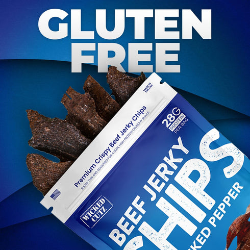 28g (4 Wicked Cutz Cracked Pepper Beef Jerky Chips, Protein per Bag, Crispy & Crunchy Beef Jerky Crisps, USA Made