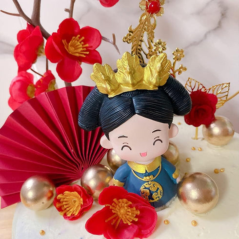 Traditional Chinese Wedding Cake Toppers, Set of 7 with Queen Figurine, Plum Blossom, Phoenix, and Doll Base