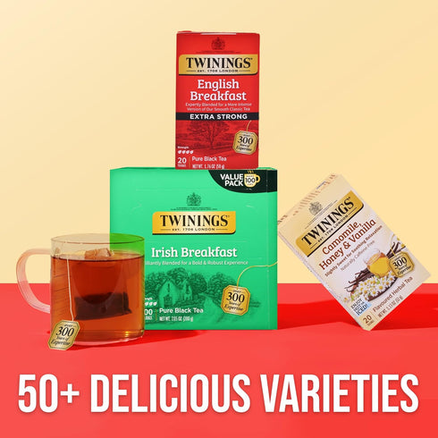 20 Count (Pack 1), 20 Twinings English Breakfast Extra Strong Black Tea Individually Wrapped Bags, of Robust