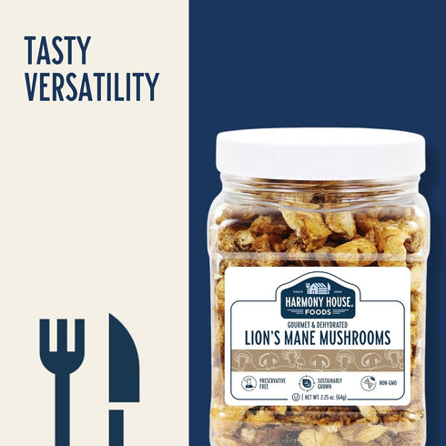 (2.25 oz, Harmony House Foods Dried Gourmet Lion's Mane Mushrooms Quart Size Jar)