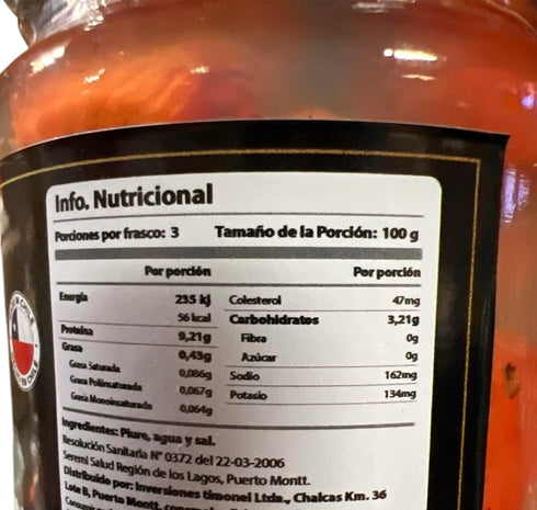 Timonel 340g, Piures al natural , Chilean seafood product.