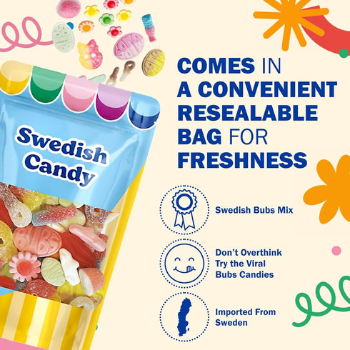 Gummy BUBS Swedish Candy Sour & Sweet Pick and Mix Assorted Scandinavian Candy, Soft and Chewy Texture, Bulk Bag Made