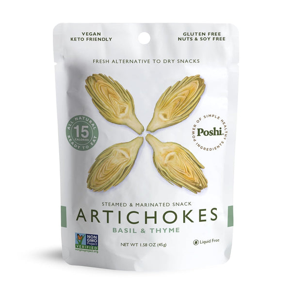 POSHI Artichoke Hearts with Basil and Thyme Ready-to-Eat Snack Pack Vegan, Keto,