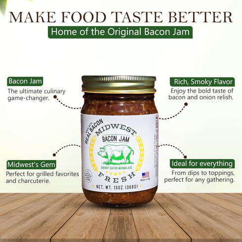Midwest Fresh 13 oz (2 Pack, 13, Oz) Award-Winning Bacon Jam | Gourmet Burger Sauce and Charcuterie Board Staple |