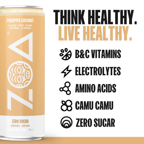 12 (Pack 12) ZOA Zero Sugar Energy Drinks - Pineapple Coconut | Healthy Energy Formula with Natural Caffeine, Daily