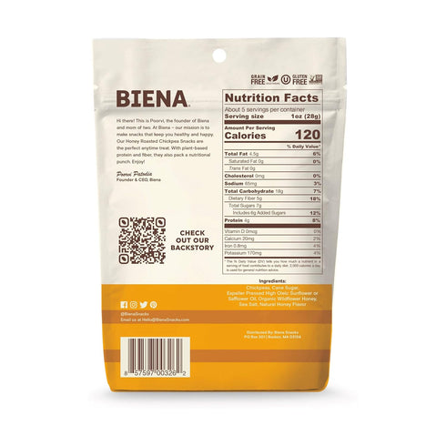 5 Biena Foods, Chickpea Snack Roasted Honey, Ounce