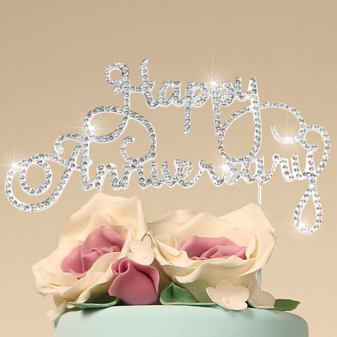 Happy Anniversary Cake Topper, Wedding Anniversary Crystal Rhinestone Party Decoration, Silver
