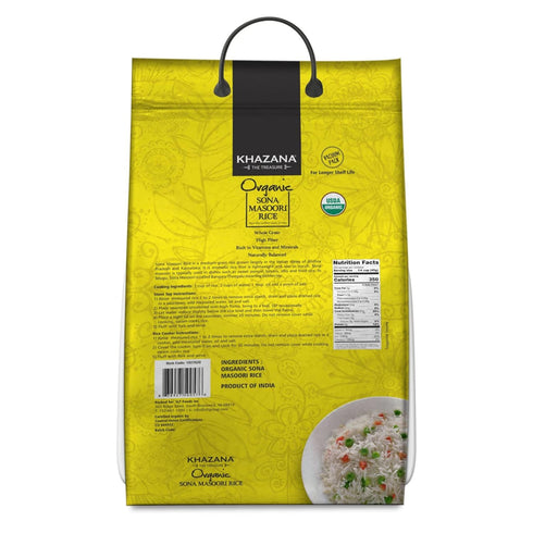 20 lb Organic Sona Masoori Rice by Khazana in Bag - Aromatic and Flavorful Indian Grain - Non-GMO, Gluten Free, Kosher