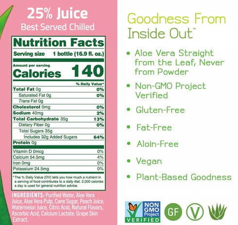 16.9 12 Alo Comfort Watermelon and Peach Aloe Vera Juice Drink, Fluid Ounce - per case.
