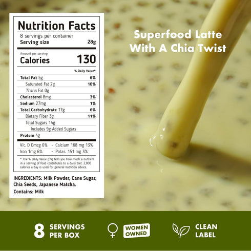 8 Got Chia! Mellow Matcha Dream Superfood Latte Mix, Sachets Matcha Chia Seeds Drink, Clean Label Instant Latte, Just