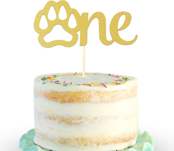 Gold Paw One Cake Topper - Golden Glitter Cardstock 1st Birthday Cake Smash Party Decoration for Baby